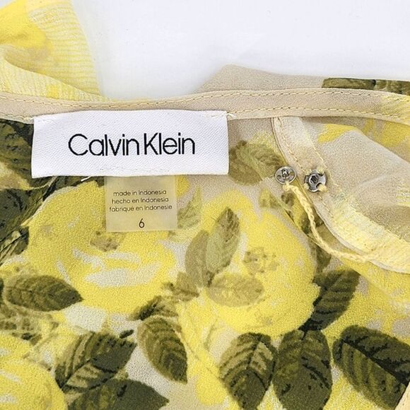 Calvin Klein Sheer Maxi Dress Size 6 Yellow Floral Chiffon High Low Faux Wrap - Picture 7 of 10